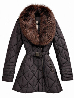 Add Quilted Belted Down Coat with Real Fur Collar